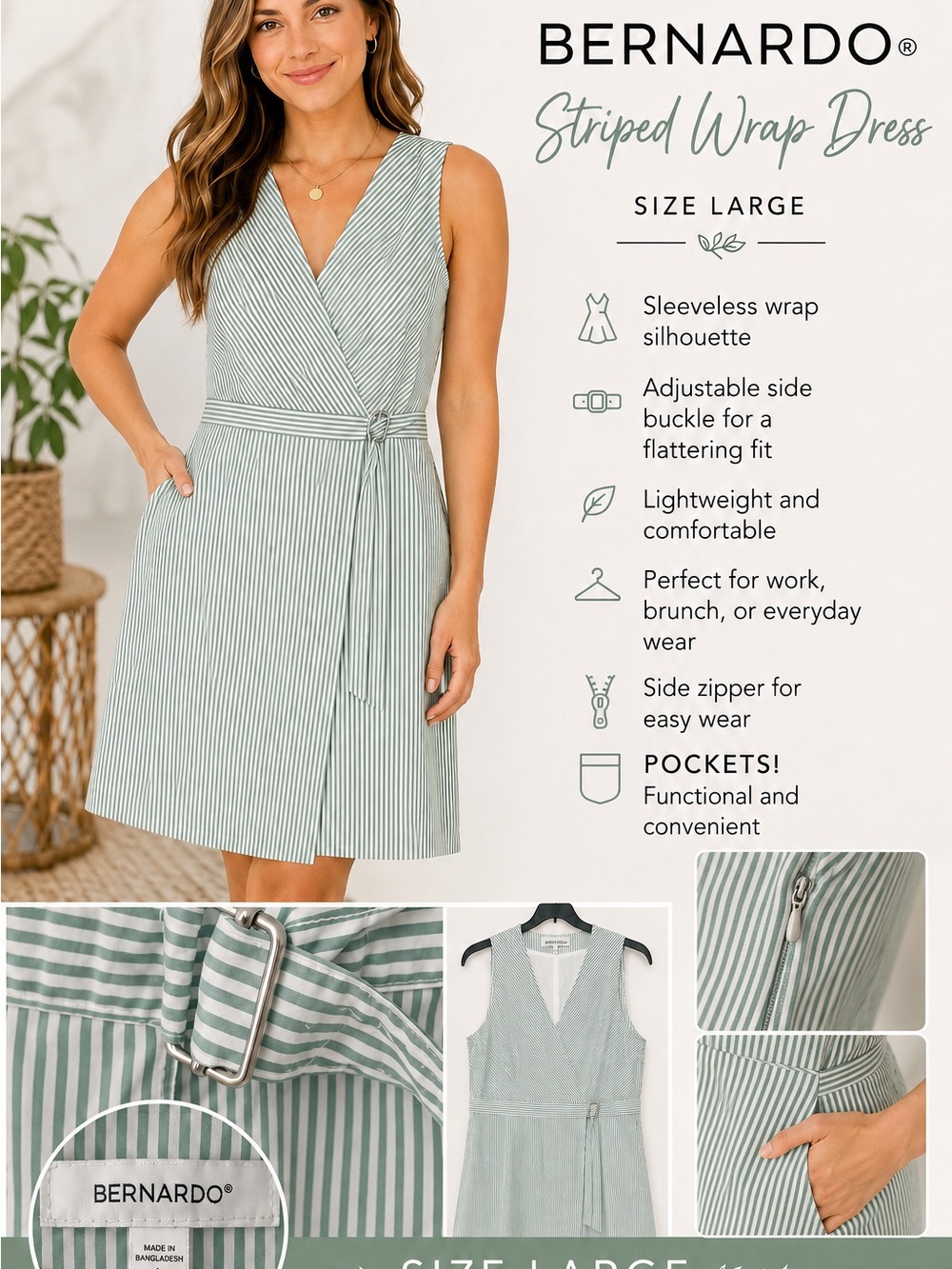 Bernardo Mint Green and White Striped Wrap Midi Dress